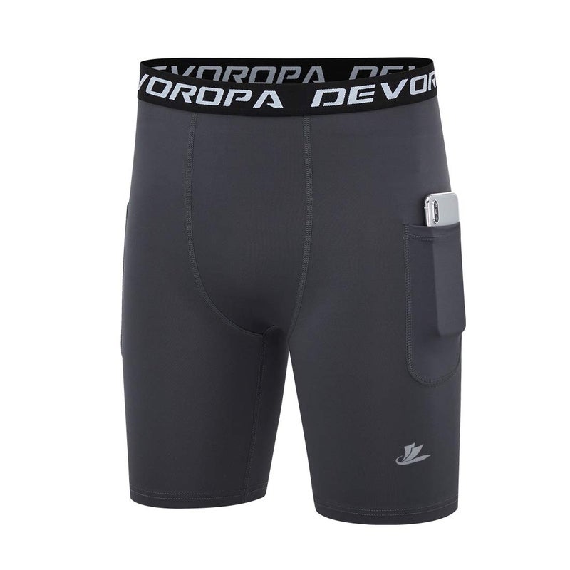 DEVOROPA Youth Boys' Compression Shorts Performance Athletic Base Layers Workout Training Underwear Side Pocket Black/Gray L (Pack of 2) - Image 3